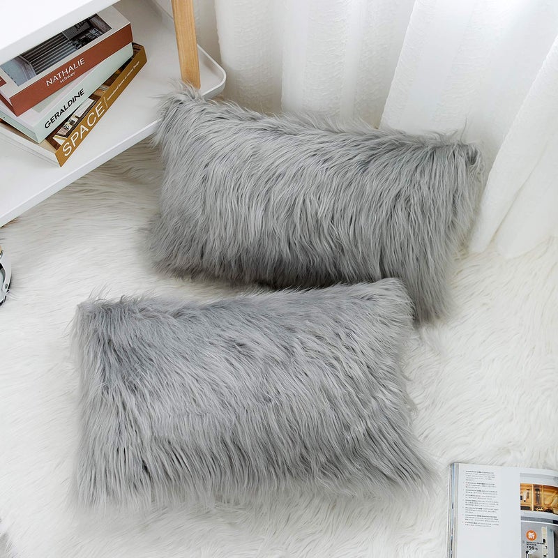 WLNUI Set of 2 Light Grey Decorative Lumbar Fluffy Pillow Covers New Luxury Series Merino Style Faux Fur Throw Pillow Covers Fuzzy Cushion Case Spring Easter Home Decor 12x20 Inch - Image 3